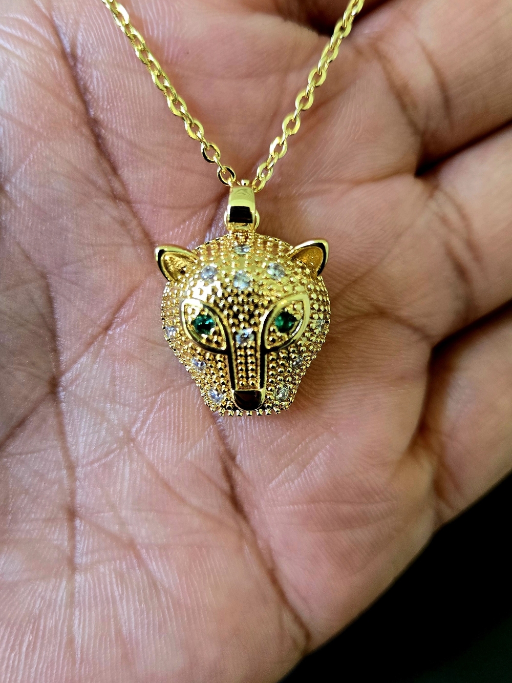 Gold-Tone Leopard Head Pendant Necklace with Green Crystal Eyes